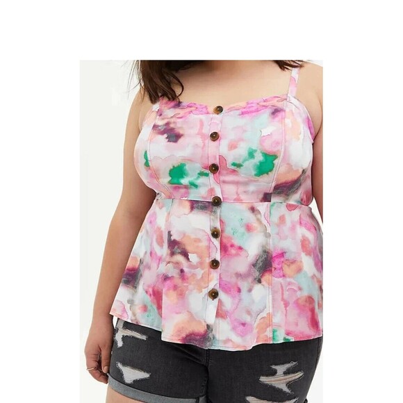 torrid Tops - Torrid Women's Pink Brown Green Watercolor Smocked Back Fit & Flare Tank Top, 5X